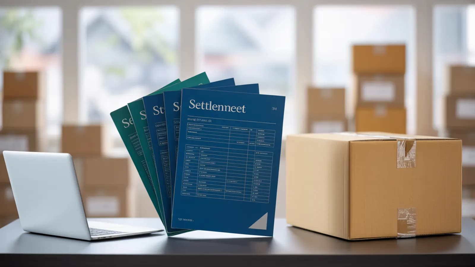 Accountant reviewing Amazon settlement report spreadsheets beside a shipping box
