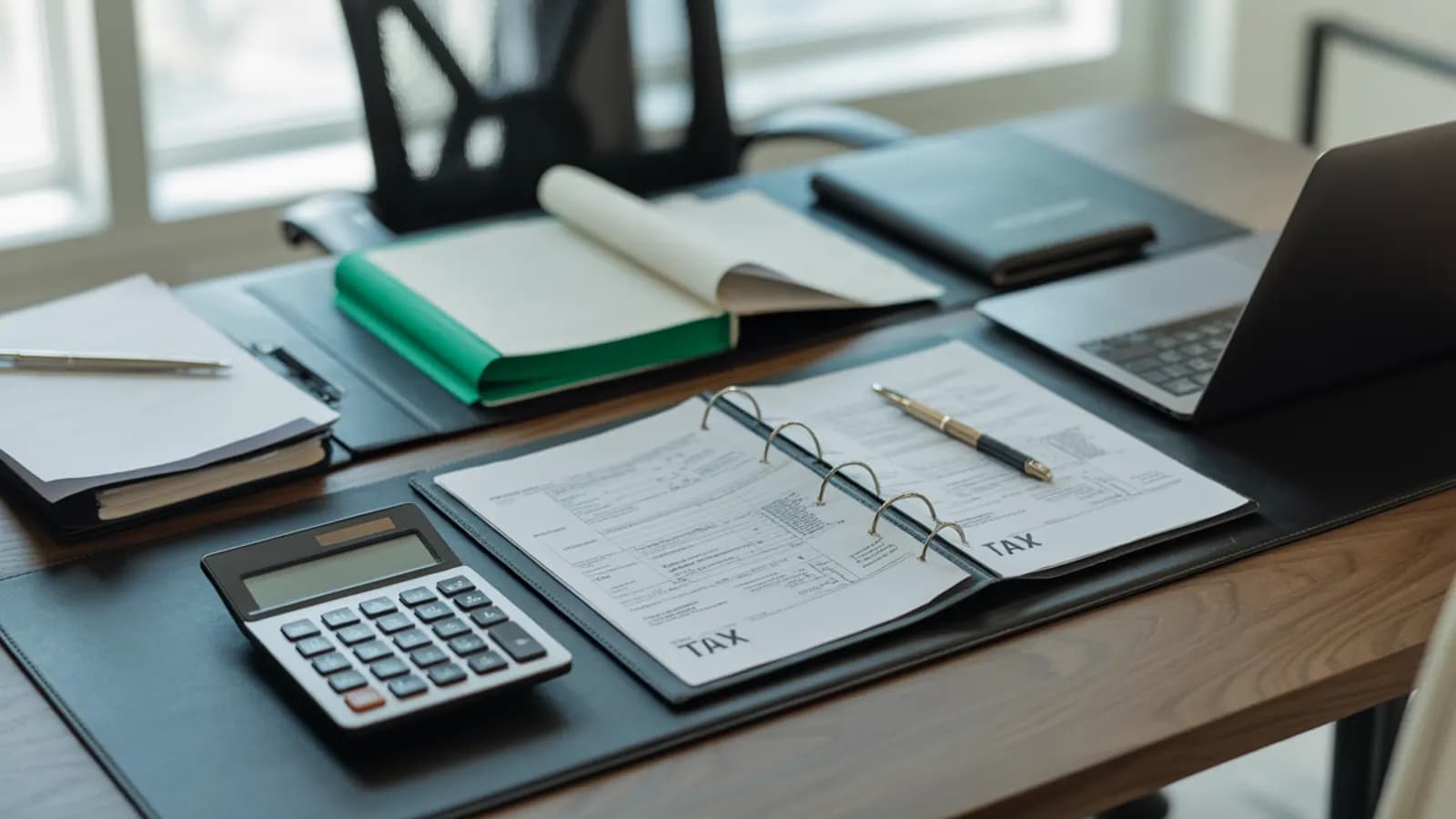 Ecommerce tax accountant's desk with organized tax documents and calculator