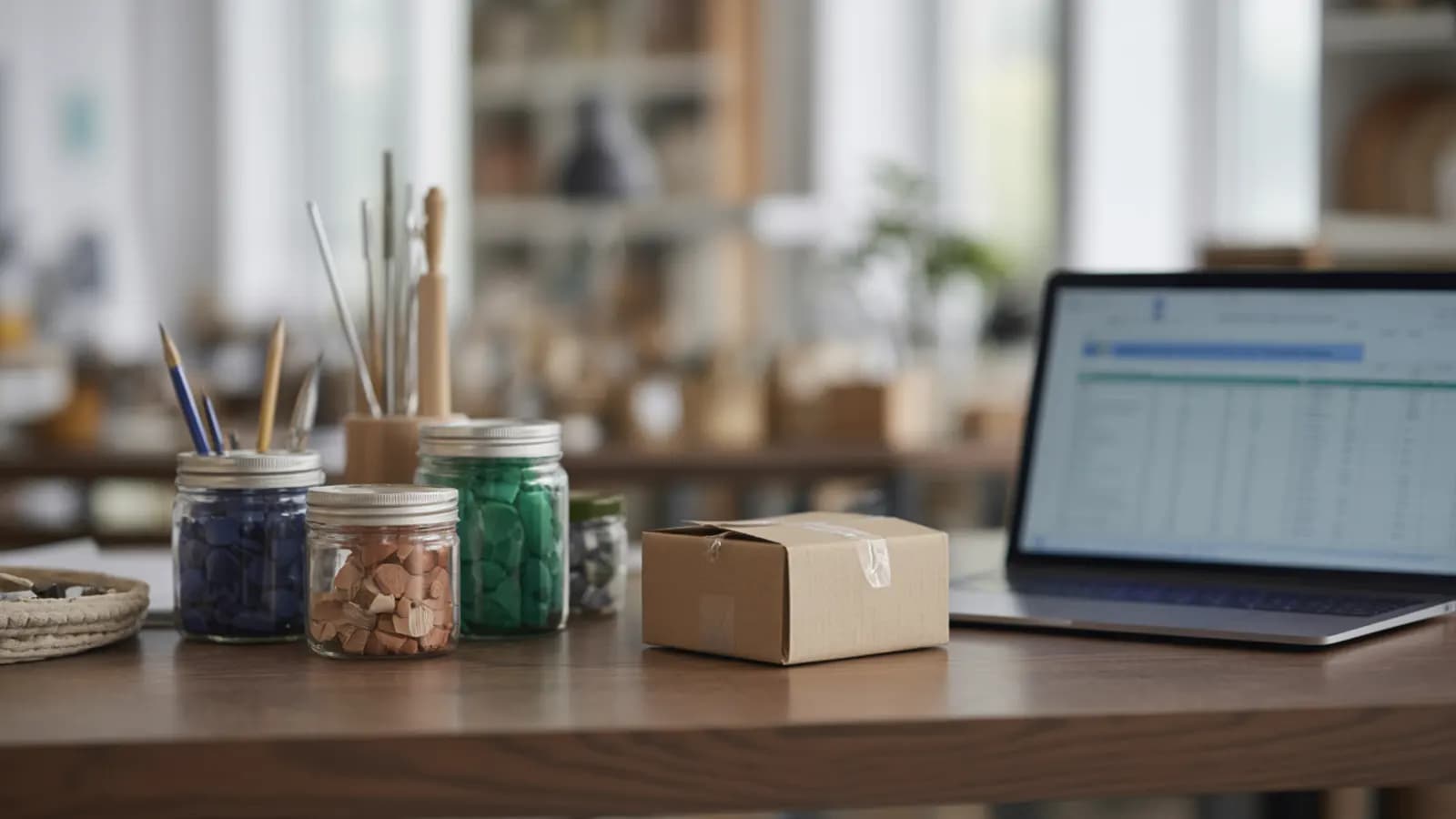 Etsy maker studio with craft materials and laptop showing shop bookkeeping