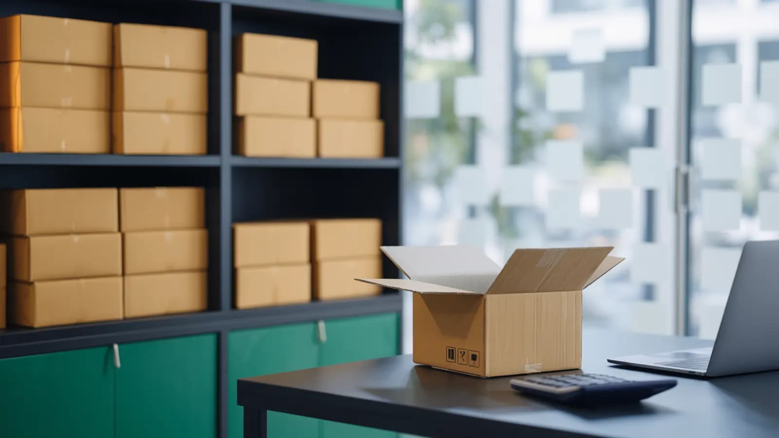 Walmart Marketplace fulfillment boxes beside a calculator and accounting laptop