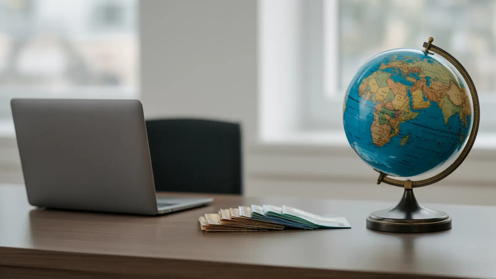 Multi-currency ecommerce accounting desk with globe and foreign banknotes for Xero bookkeeping